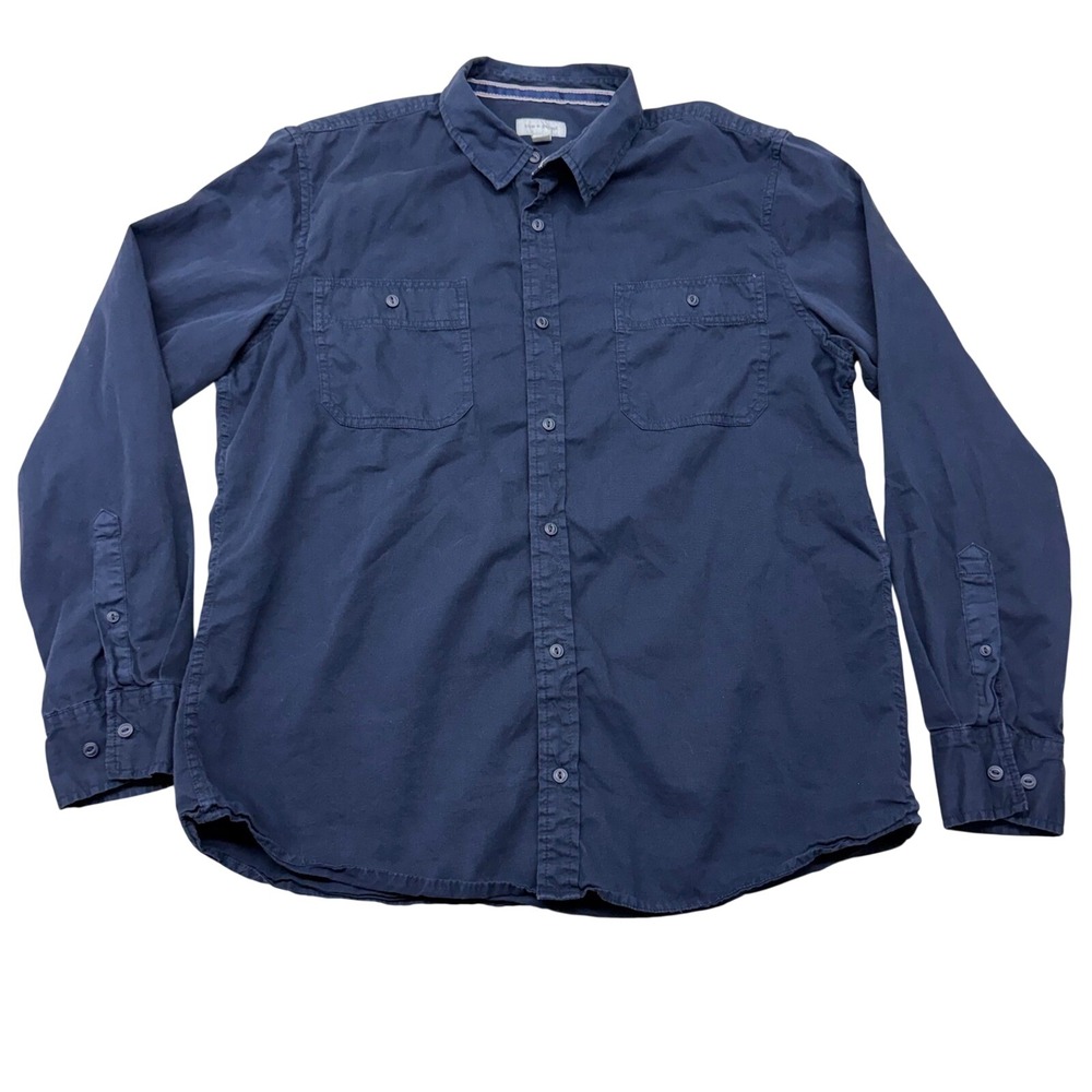 Sun + Stone Mens XL Navy Blue Cotton Long Sleeve Button Down Utility Shirt Sz XL